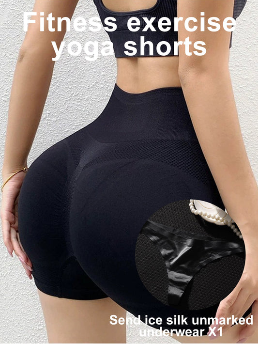 2Pcs Fitness Shorts And Underwear Sports High Waist Tummy Control Breathable Elastic Peach Hip Lifting Leggings Anti-Light Quick Dry Yoga Shorts Women Multicolor